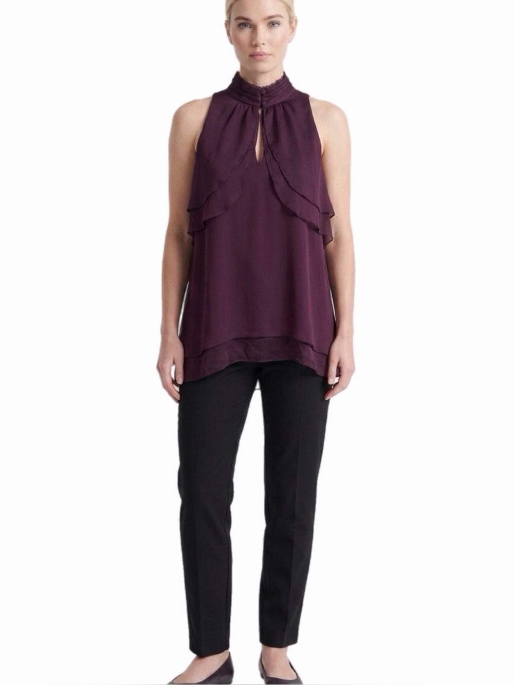 WHITE HOUSE BLACK MARKET Sleeveless Ruffled Chiffon Blouse in Deep Plum Size 12